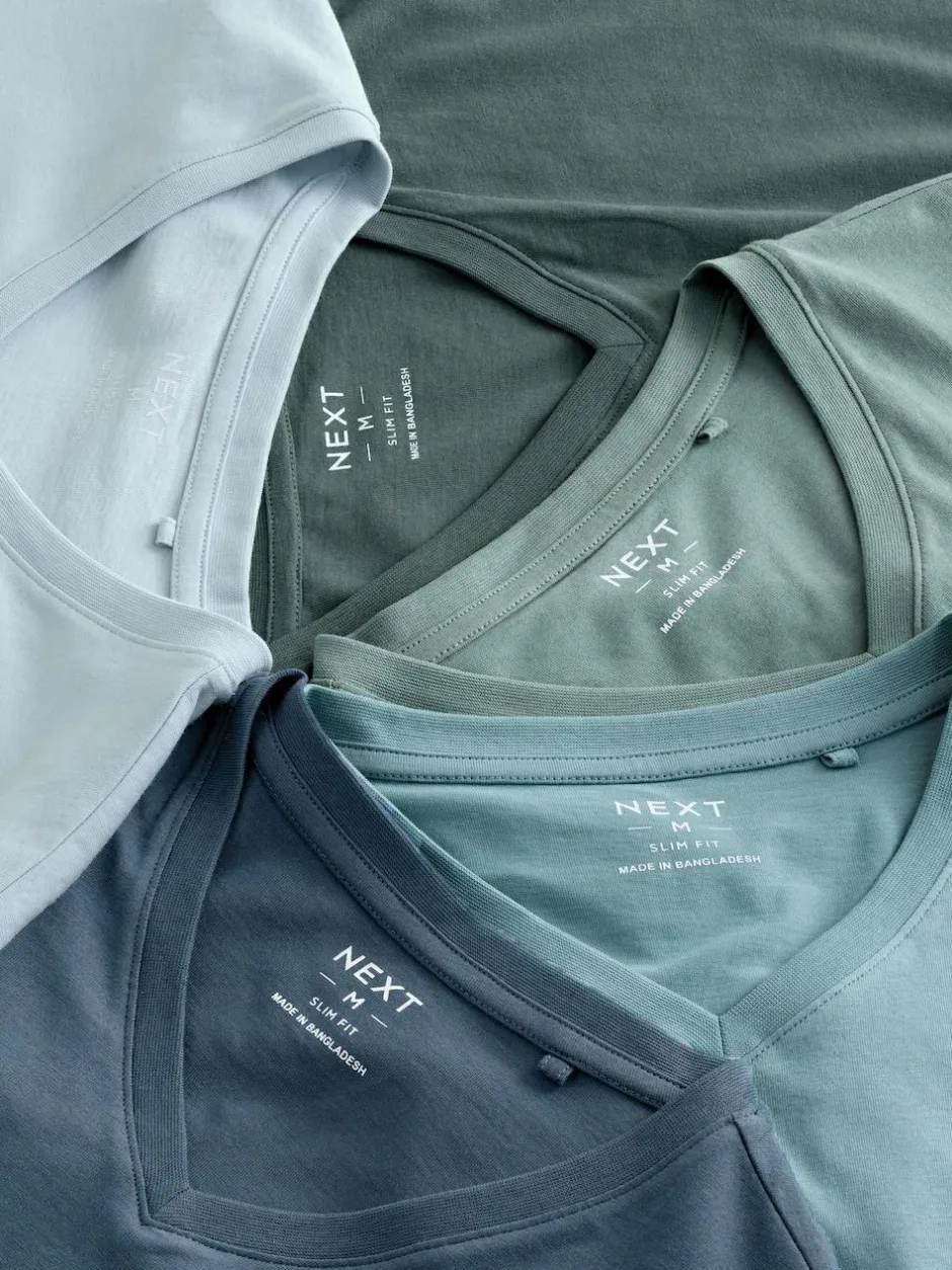 Next Slim Fit 100% Cotton V-Neck Layering T-Shirts 5 Pack Blue New