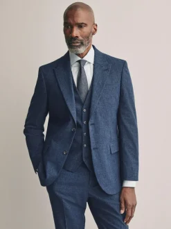 Next Slim Fit Tollegno Linen Blend Check Suit Jacket Blue