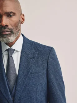 Next Slim Fit Tollegno Linen Blend Check Suit Jacket Blue