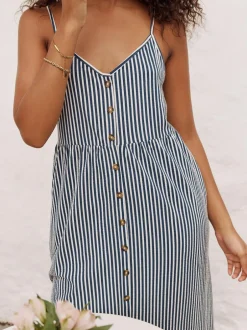 Next Jersey Button Down Midi Dress Blue Stripe New