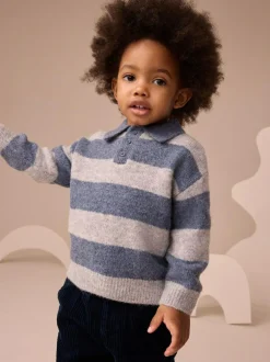 Next Stripe Knitted Rugby Polo Shirt (3mths-7yrs) Blue Discount