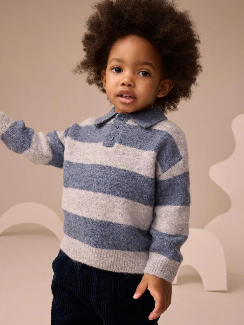 Next Stripe Knitted Rugby Polo Shirt (3mths-7yrs) Blue Discount