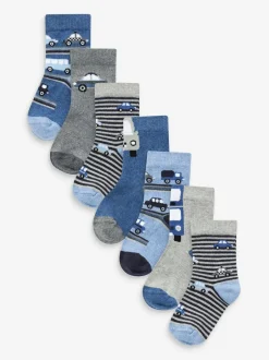 Next Blue Stripes/Transport Cotton Rich Socks 7 Pack Hot