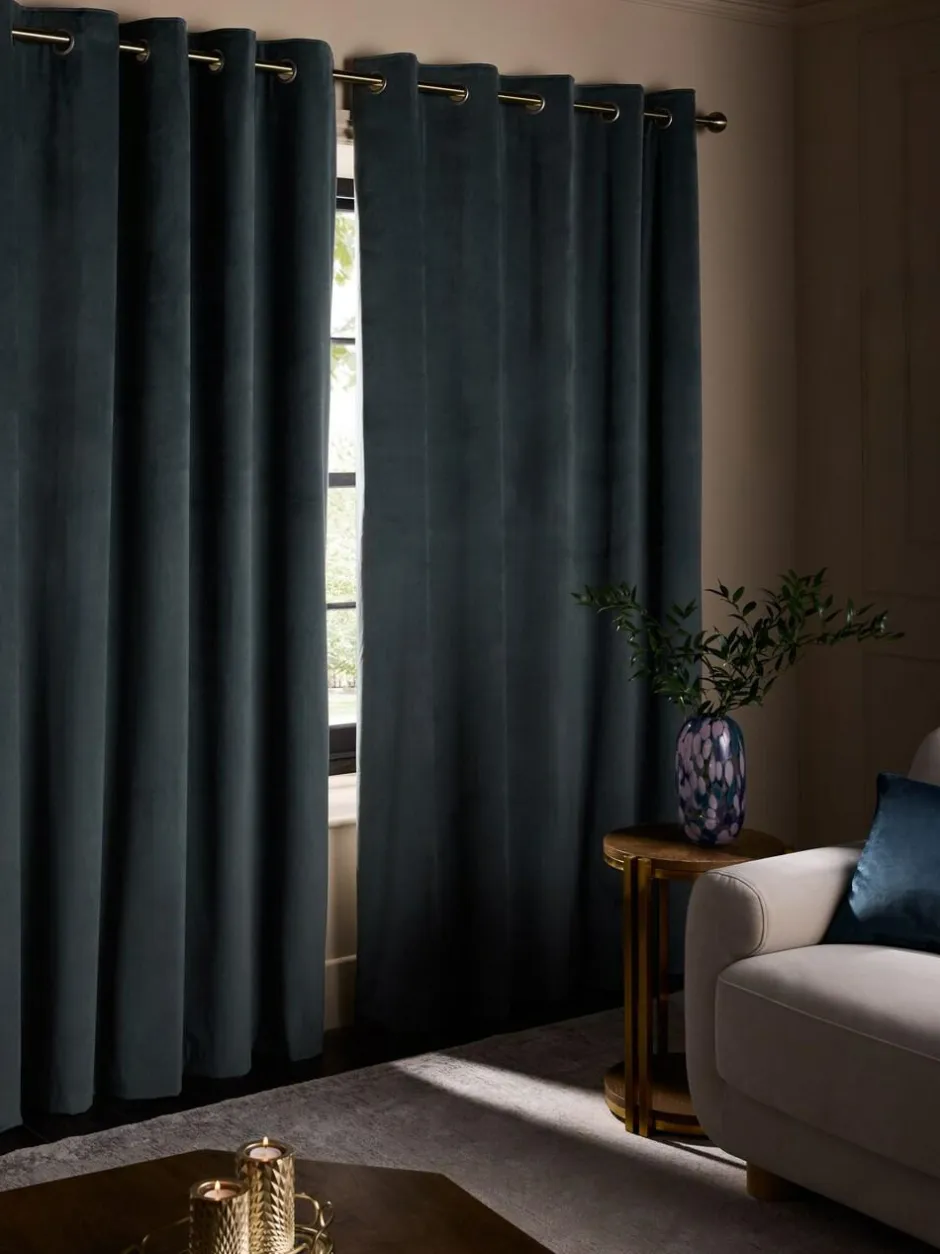 Next Blue Teal Matte Velvet Blackout/Thermal Curtains Outlet