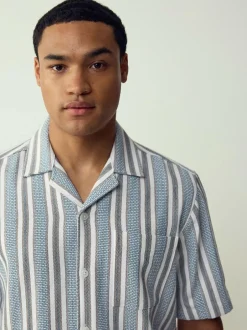 Next Blue Textured Stripe Short Sleeve Shirt Best