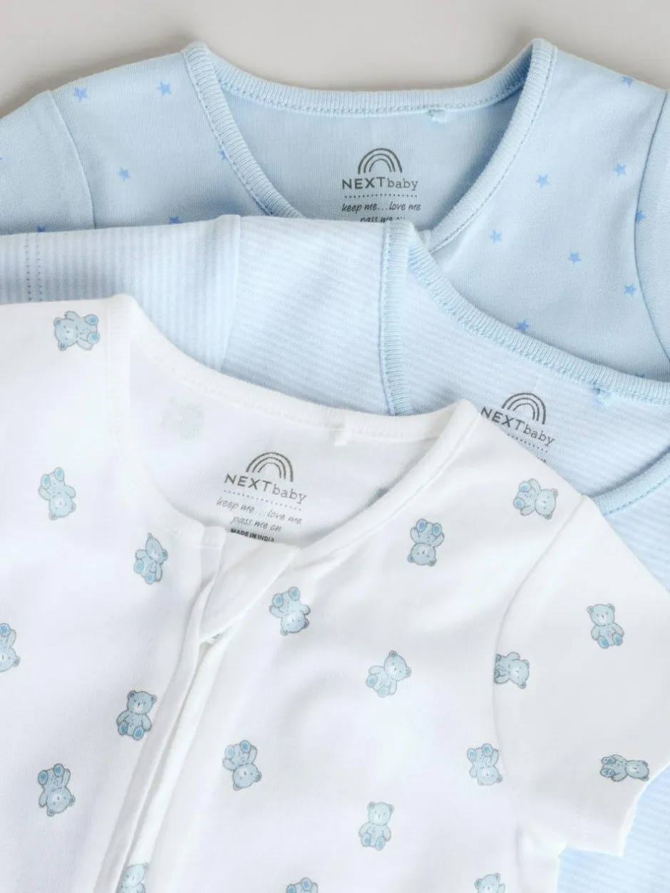 Next Blue Two Way Zip Baby Rompers 3 Pack (0mths-3yrs) Hot