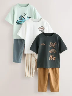 Next Short Sleeve T-Shirts & Joggers Set 3 Pack (3mths-7yrs) Blue/Black/White Vehicles Clearance