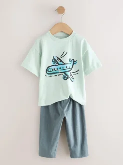 Next Short Sleeve T-Shirts & Joggers Set 3 Pack (3mths-7yrs) Blue/Black/White Vehicles Clearance