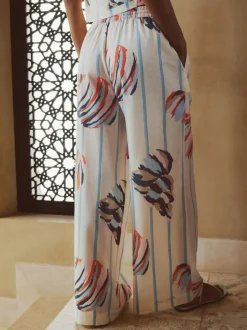 Next Pull On Wide Leg Trousers With Linen Blue/Ecru Outlet