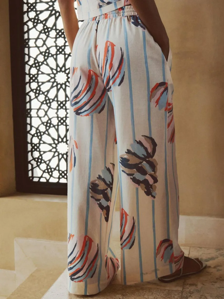 Next Pull On Wide Leg Trousers With Linen Blue/Ecru Outlet