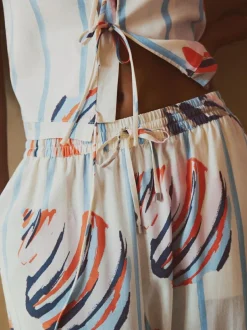 Next Pull On Wide Leg Trousers With Linen Blue/Ecru Outlet