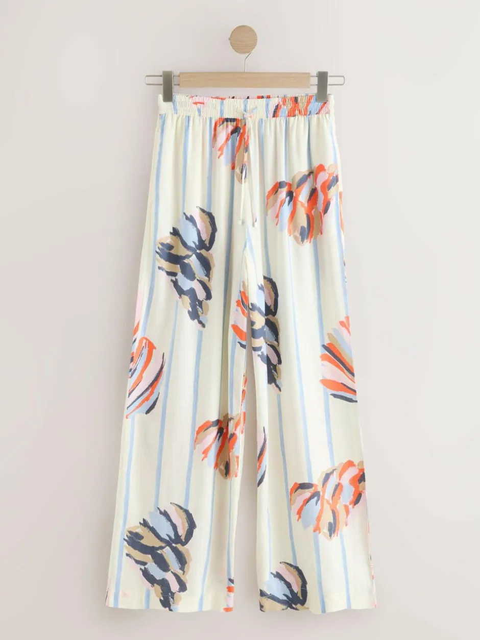Next Pull On Wide Leg Trousers With Linen Blue/Ecru Outlet