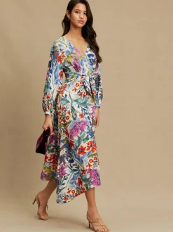 Next V-Neck Tie Waist Long Sleeve Midi Dress Blue/Green Floral Print Sale