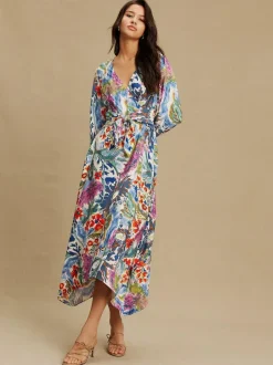 Next V-Neck Tie Waist Long Sleeve Midi Dress Blue/Green Floral Print Sale