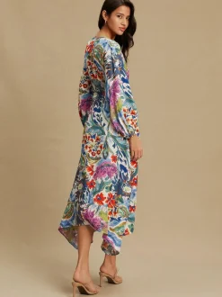 Next V-Neck Tie Waist Long Sleeve Midi Dress Blue/Green Floral Print Sale