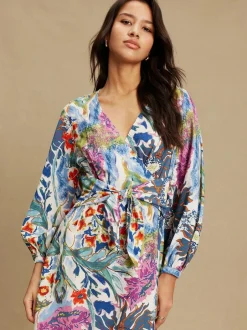 Next V-Neck Tie Waist Long Sleeve Midi Dress Blue/Green Floral Print Sale