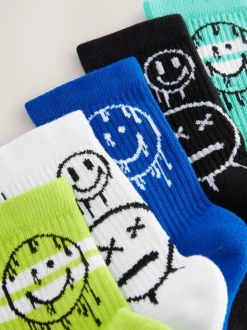 Next Blue/Green Graffiti Smile Cushioned Footbed Cotton Rich Ribbed Tipped Socks 5 Pack Discount