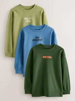 Next Relaxed Fit Long Sleeve Heavyweight T-Shirts 3 Pack (3-16yrs) Blue/Green Graphic Clearance