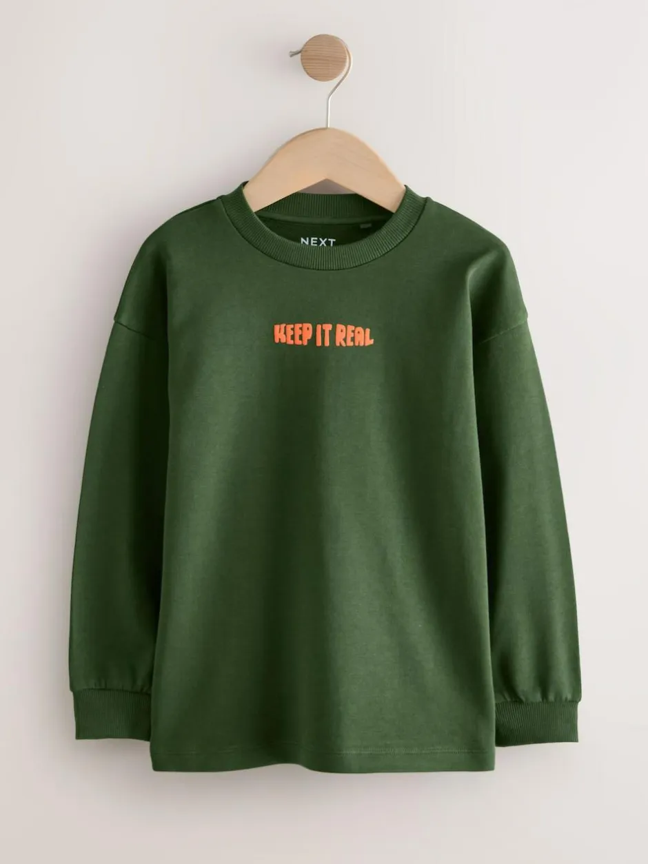 Next Relaxed Fit Long Sleeve Heavyweight T-Shirts 3 Pack (3-16yrs) Blue/Green Graphic Clearance