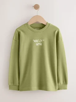 Next Relaxed Fit Long Sleeve Heavyweight T-Shirts 3 Pack (3-16yrs) Blue/Green Graphic Clearance