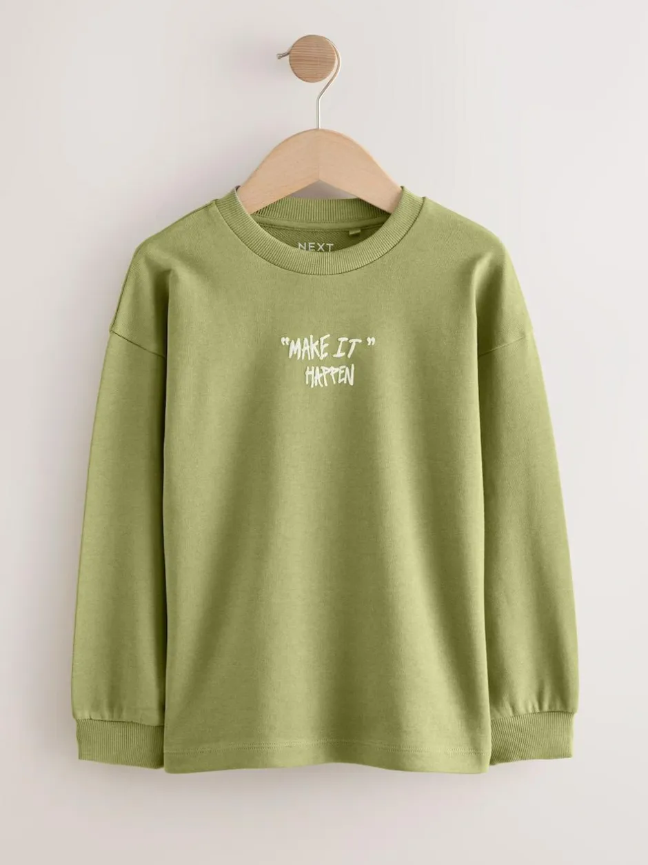 Next Relaxed Fit Long Sleeve Heavyweight T-Shirts 3 Pack (3-16yrs) Blue/Green Graphic Clearance