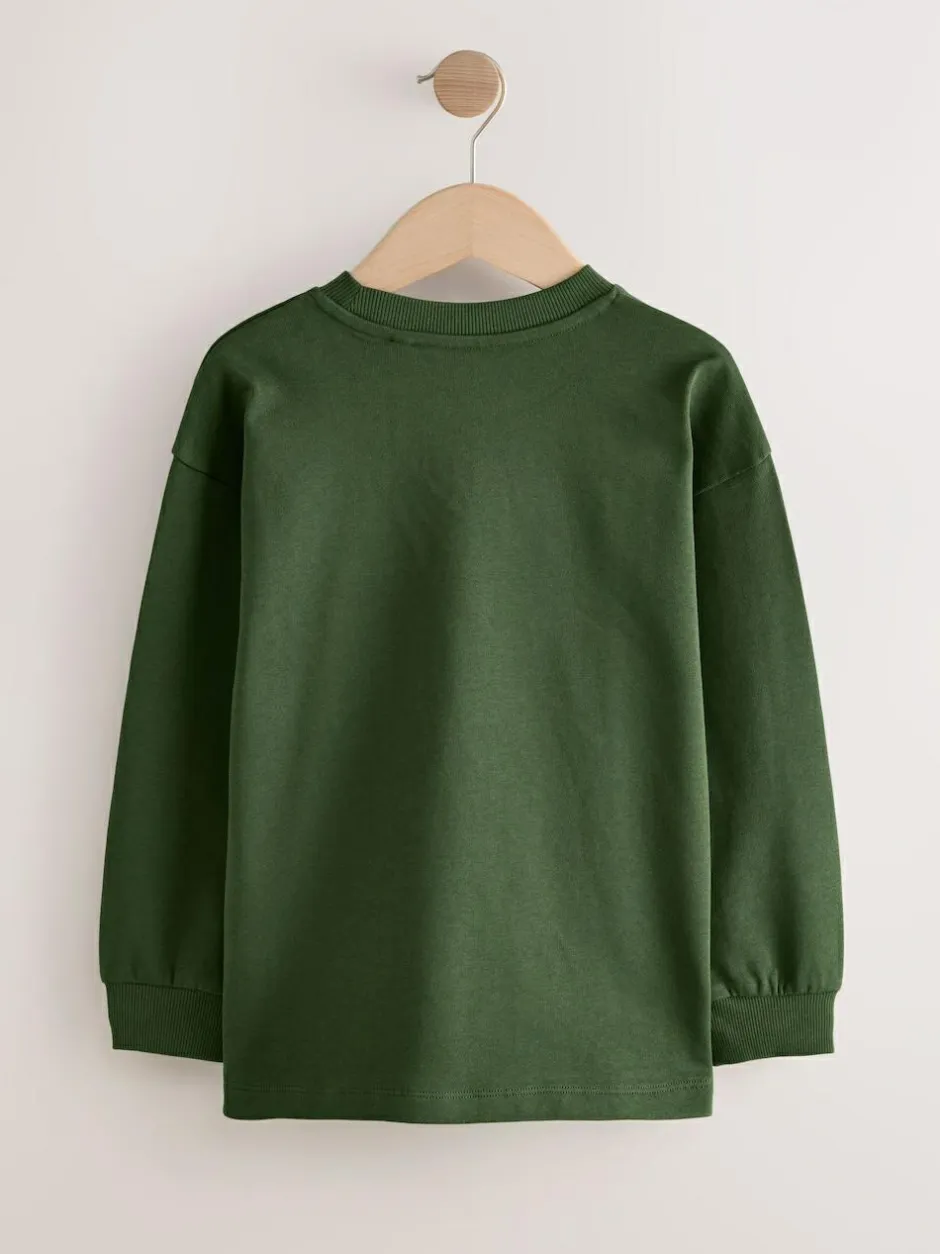 Next Relaxed Fit Long Sleeve Heavyweight T-Shirts 3 Pack (3-16yrs) Blue/Green Graphic Clearance