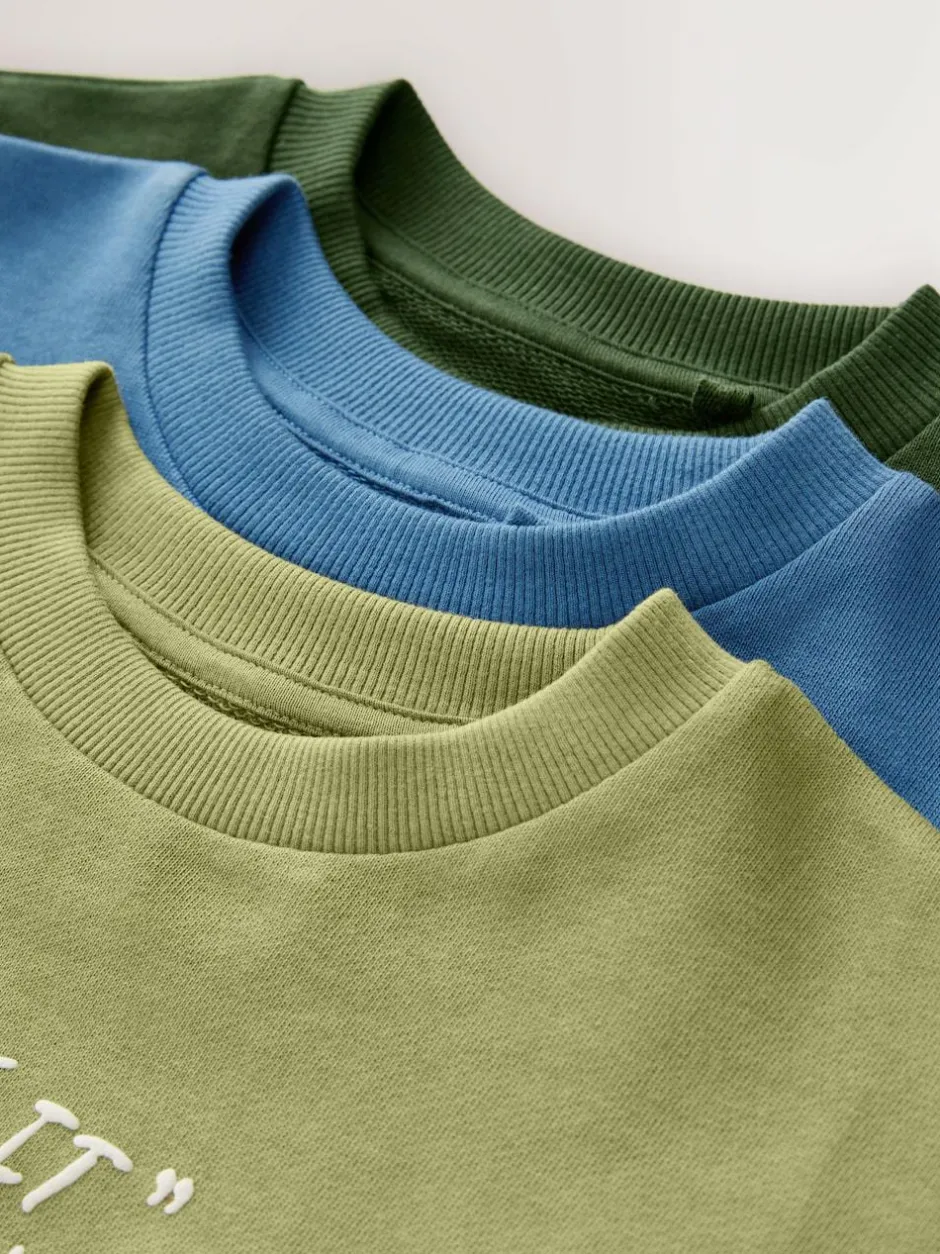Next Relaxed Fit Long Sleeve Heavyweight T-Shirts 3 Pack (3-16yrs) Blue/Green Graphic Clearance