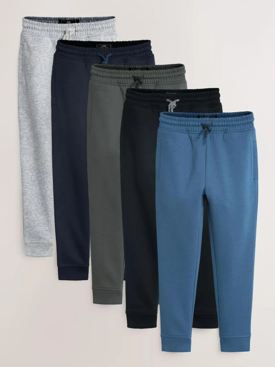 Next Slim Fit Basic Joggers 5 Pack (3-16yrs) Blue/Grey/Black Outlet