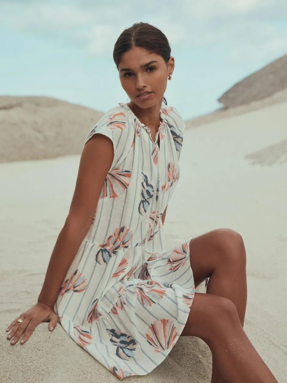 Next V-Neck Tiered Mini Dress with Linen Blue/Pink Shell Print Outlet