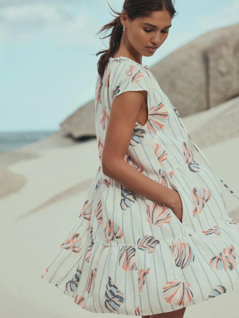 Next V-Neck Tiered Mini Dress with Linen Blue/Pink Shell Print Outlet
