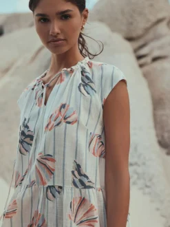 Next V-Neck Tiered Mini Dress with Linen Blue/Pink Shell Print Outlet