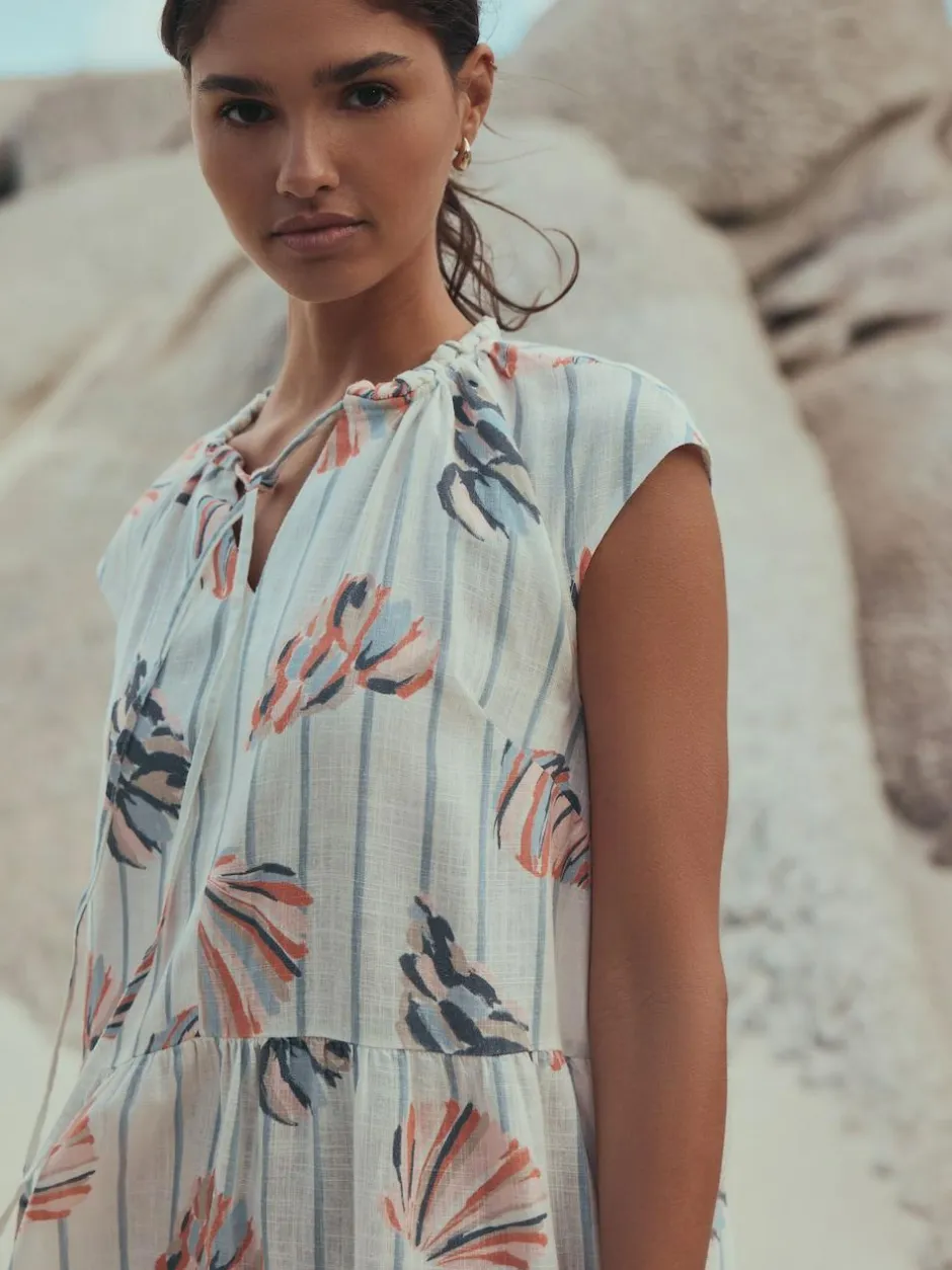 Next V-Neck Tiered Mini Dress with Linen Blue/Pink Shell Print Outlet