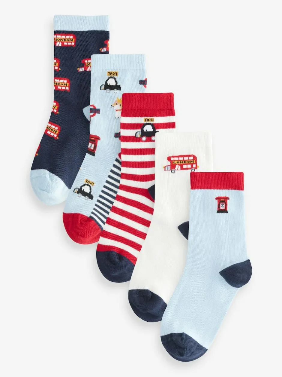 Next Blue/Red London Bus Character Cotton Rich Socks 5 Pack Discount