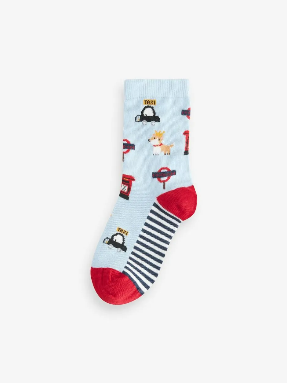 Next Blue/Red London Bus Character Cotton Rich Socks 5 Pack Discount