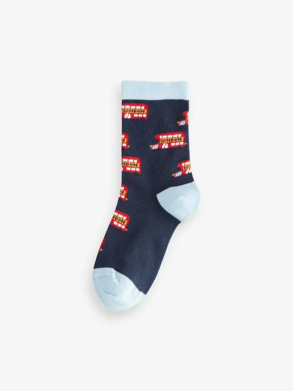 Next Blue/Red London Bus Character Cotton Rich Socks 5 Pack Discount