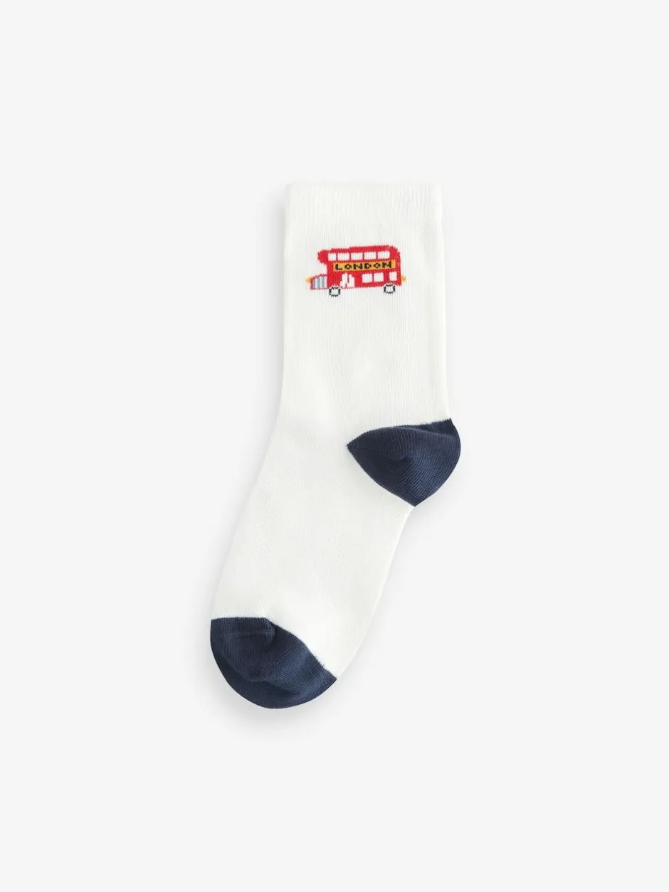 Next Blue/Red London Bus Character Cotton Rich Socks 5 Pack Discount
