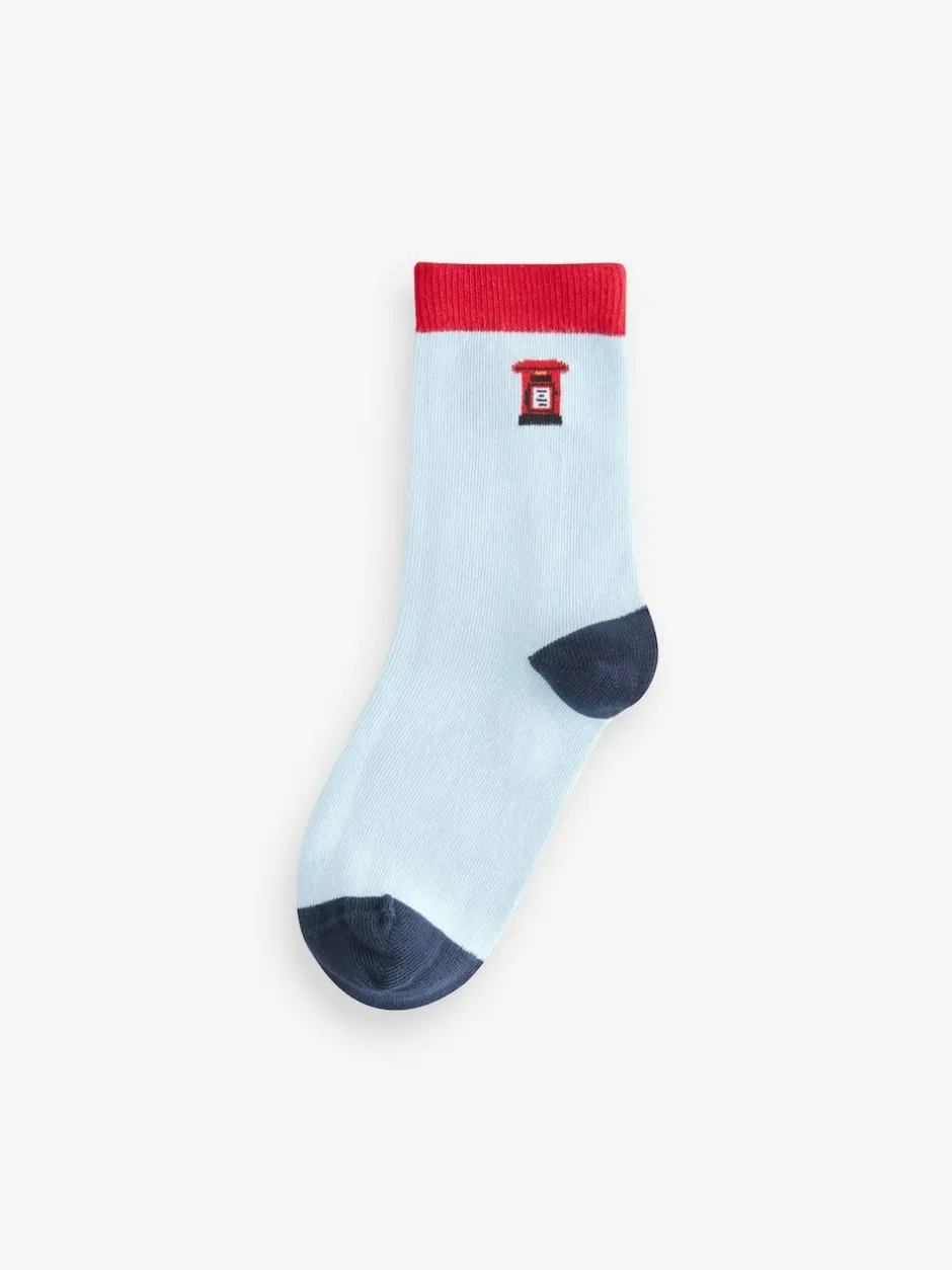 Next Blue/Red London Bus Character Cotton Rich Socks 5 Pack Discount