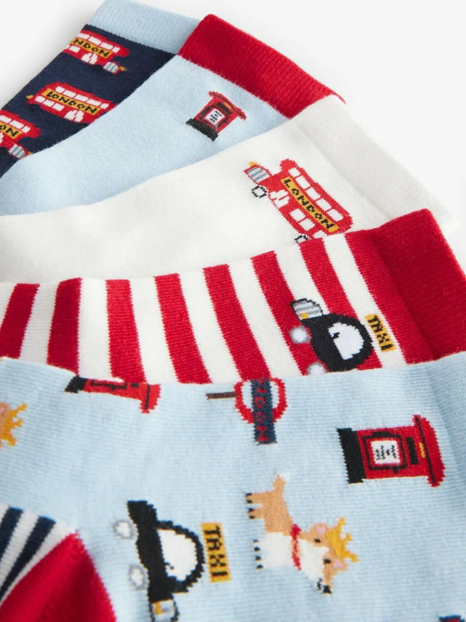 Next Blue/Red London Bus Character Cotton Rich Socks 5 Pack Discount