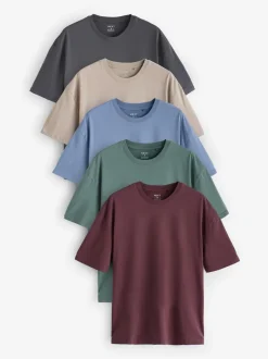 Next Essential Cotton T-Shirts Relaxed Fit 5 Pack Blues/Green/Purple/Neutral New