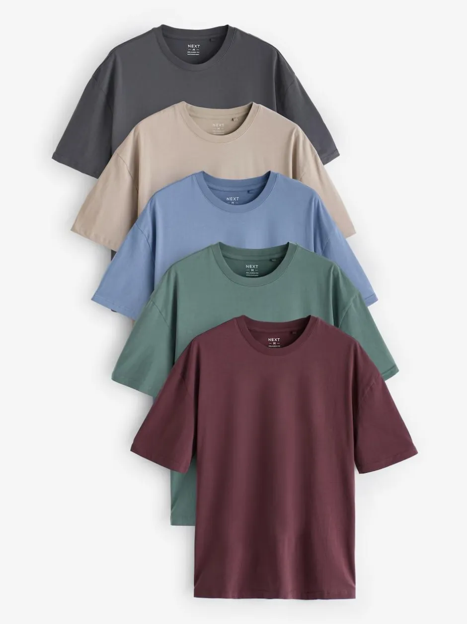 Next Essential Cotton T-Shirts Relaxed Fit 5 Pack Blues/Green/Purple/Neutral New