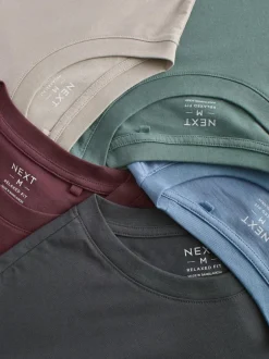 Next Essential Cotton T-Shirts Relaxed Fit 5 Pack Blues/Green/Purple/Neutral New