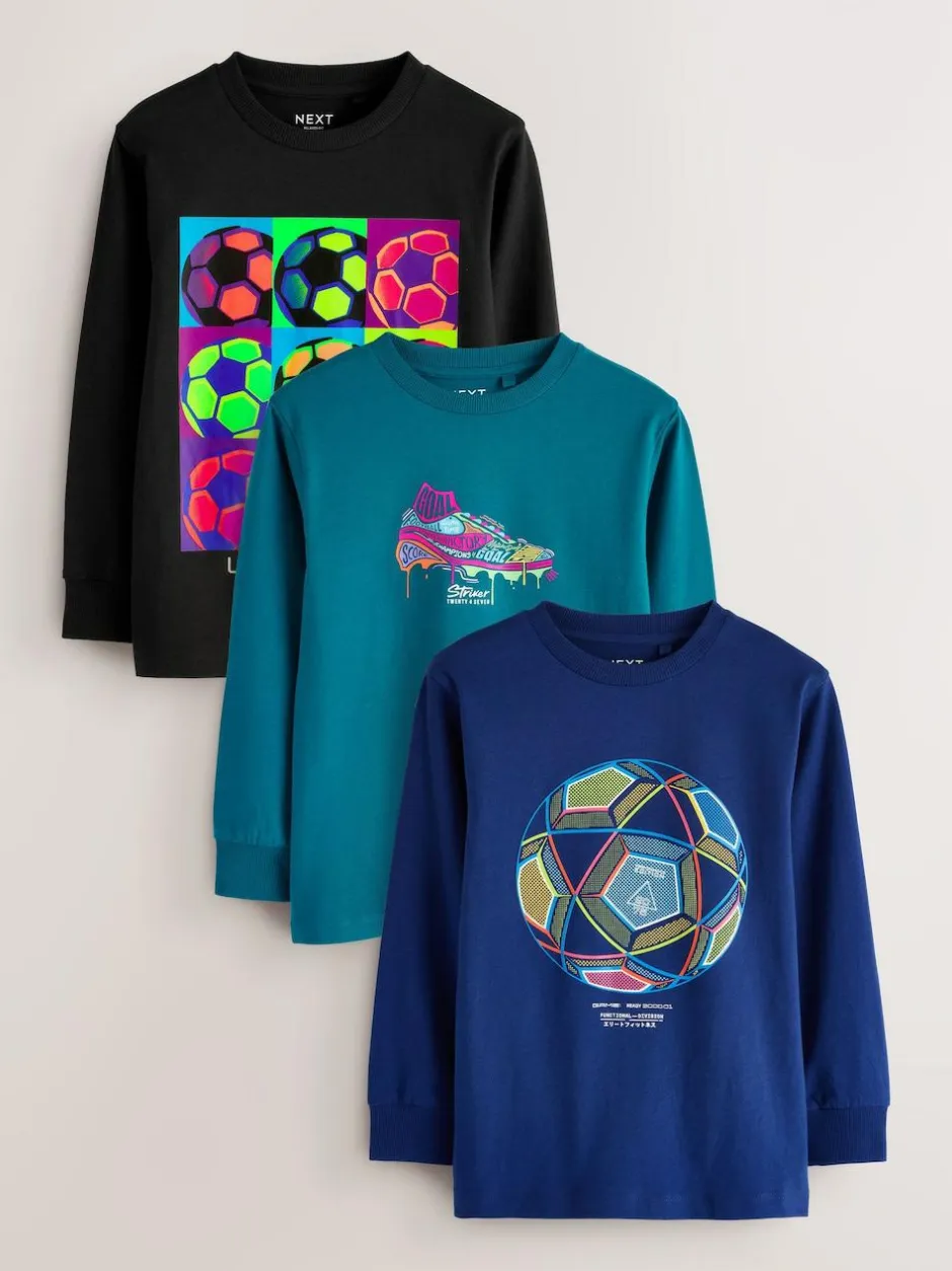 Next Blue/Teal/Black Football Relaxed Fit Graphic Print Long Sleeve T-Shirts 3 Pack (3-16yrs) Hot