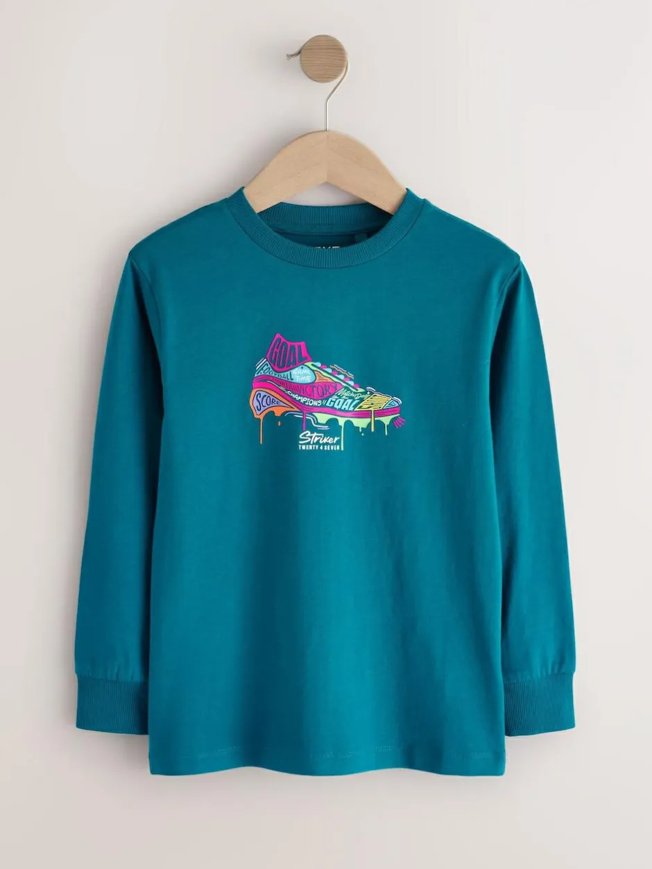 Next Blue/Teal/Black Football Relaxed Fit Graphic Print Long Sleeve T-Shirts 3 Pack (3-16yrs) Hot