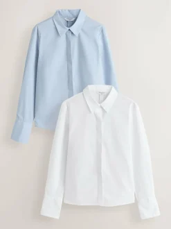 Next Fitted Stretch Essential Long Sleeve Shirts 2 Pack Blue/White Best