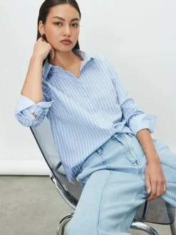Next Blue/White Stripe Fitted Stretch Essential Long Sleeve Shirt Clearance