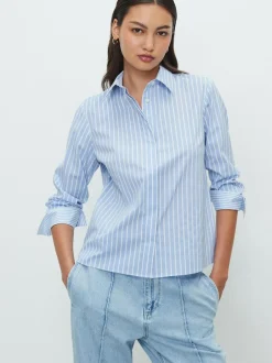 Next Blue/White Stripe Fitted Stretch Essential Long Sleeve Shirt Clearance