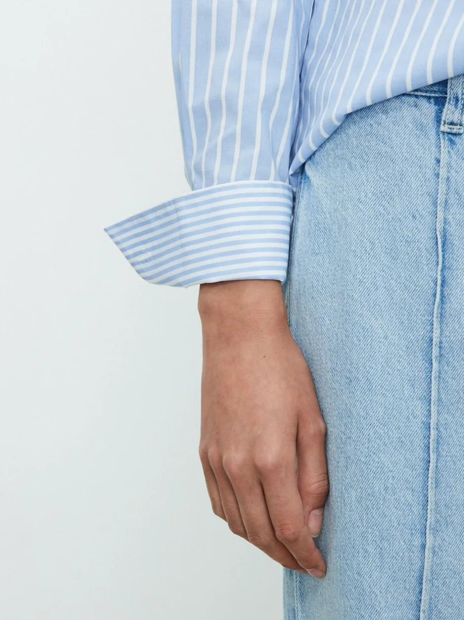 Next Blue/White Stripe Fitted Stretch Essential Long Sleeve Shirt Clearance