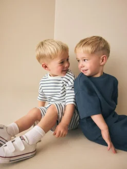 Next Short Sleeve T-Shirt and Shorts Set 2 Pack (3mths-7yrs) Blue/White Stripe Online