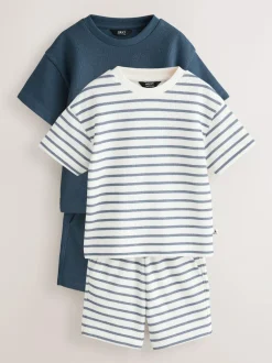 Next Short Sleeve T-Shirt and Shorts Set 2 Pack (3mths-7yrs) Blue/White Stripe Online