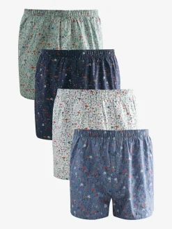 Next Blue/White/Green Floral 4 pack Woven Pure Boxers New